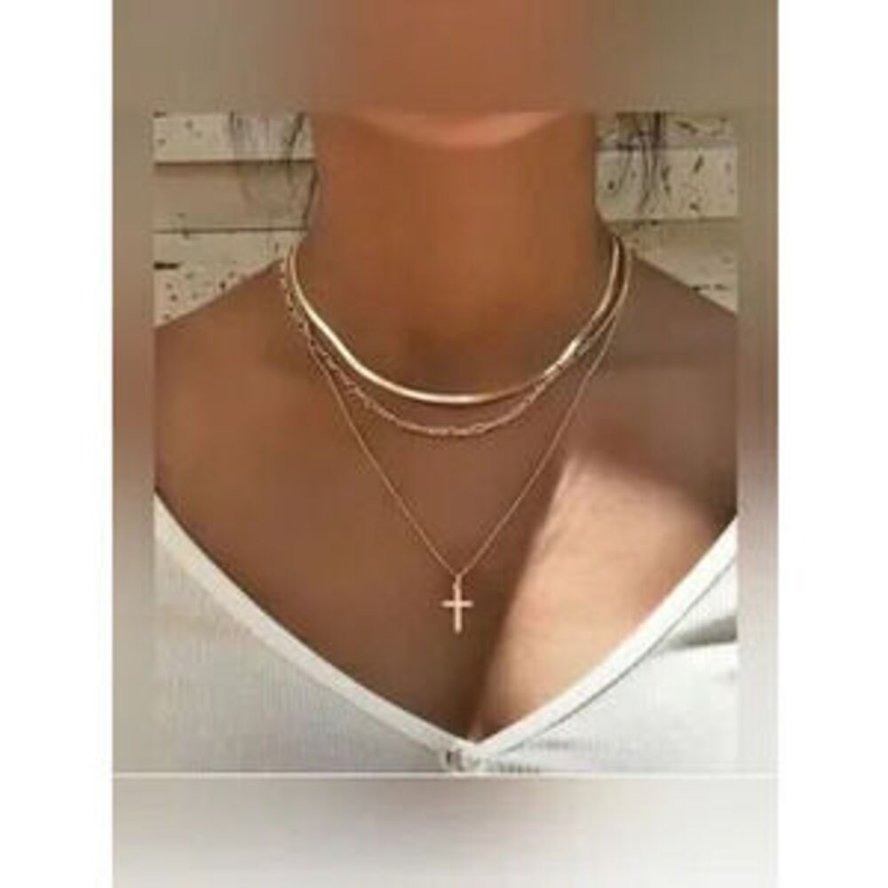Gold Stainless Steel 3pc Cross Herringbone Necklace Set Dainty